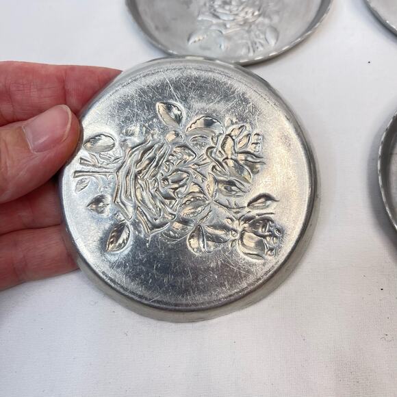 Vintage 7pc Aluminum Beverage Drink Coasters Country Farmhouse Pressed Floral - Picture 3 of 6